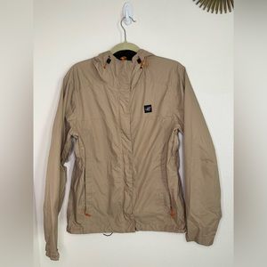 Dutch Bros Windbreaker Tan with Orange Accents, Adjustable Waistband with Hoodie